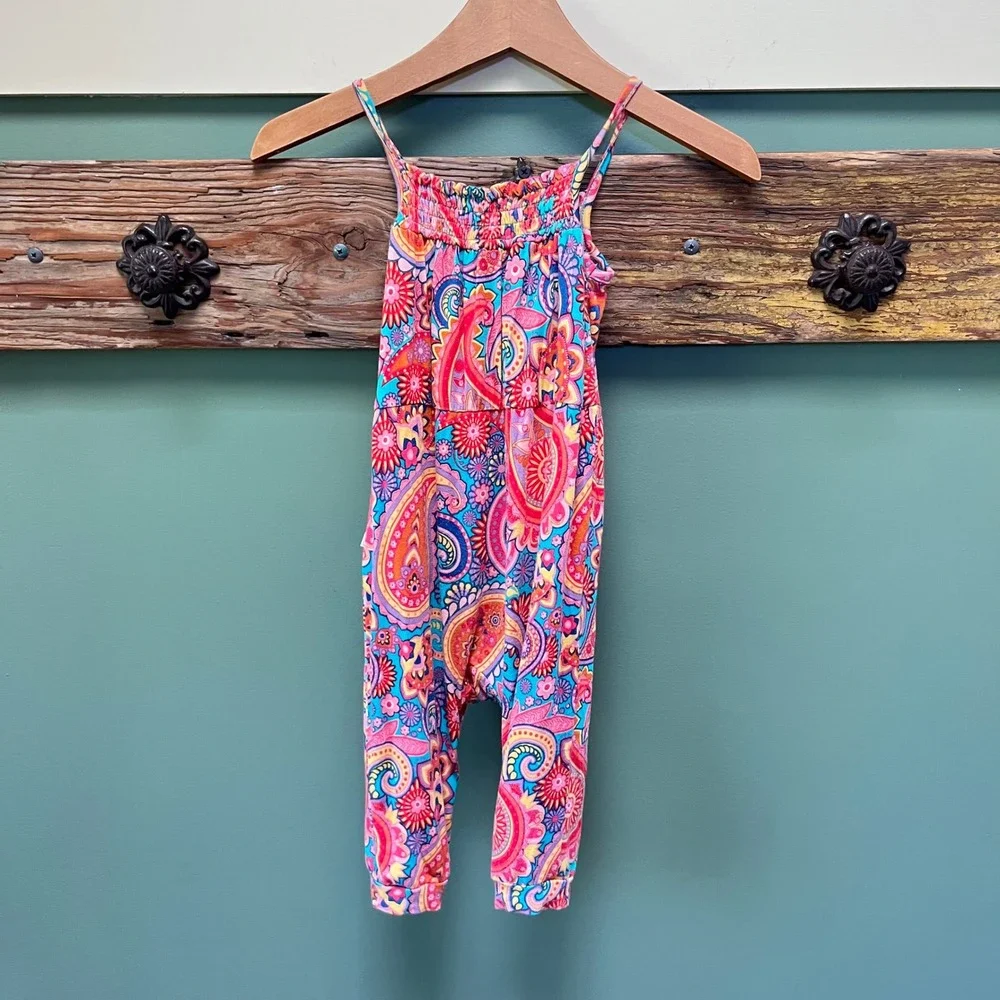 Posh Peanut Kids Paisley Floral Smocked Sleeveless‎ Romper Multi-Color 6-12M